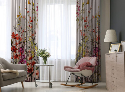 Set draperii dim-out model floral cu rejansa din bumbac tip fagure, Madison, 150x210 cm, densitate 700 g/ml, Liatris Gladiolus, 2 buc foto