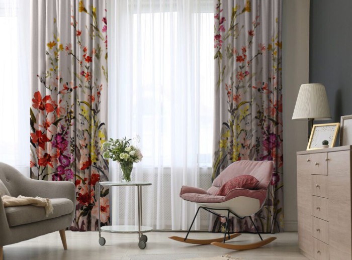 Set draperii dim-out model floral cu rejansa din bumbac tip fagure, Madison, 150x210 cm, densitate 700 g/ml, Liatris Gladiolus, 2 buc
