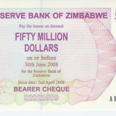 Bancnota Zimbabwe ( Bearer Cheque ) 50.000.000 Dolari 2008 - P57 UNC