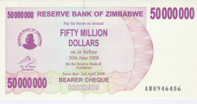 Bancnota Zimbabwe ( Bearer Cheque ) 50.000.000 Dolari 2008 - P57 UNC foto