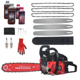 Cumpara ieftin *SUPER Pachet* 8.5cp Drujba benzina + 3 lanturi + 3 lame + x2 ulei ungere lant 1L + x2 ulei amestec 0.5L + x2 bujii + accesorii + manusi protectie, MO