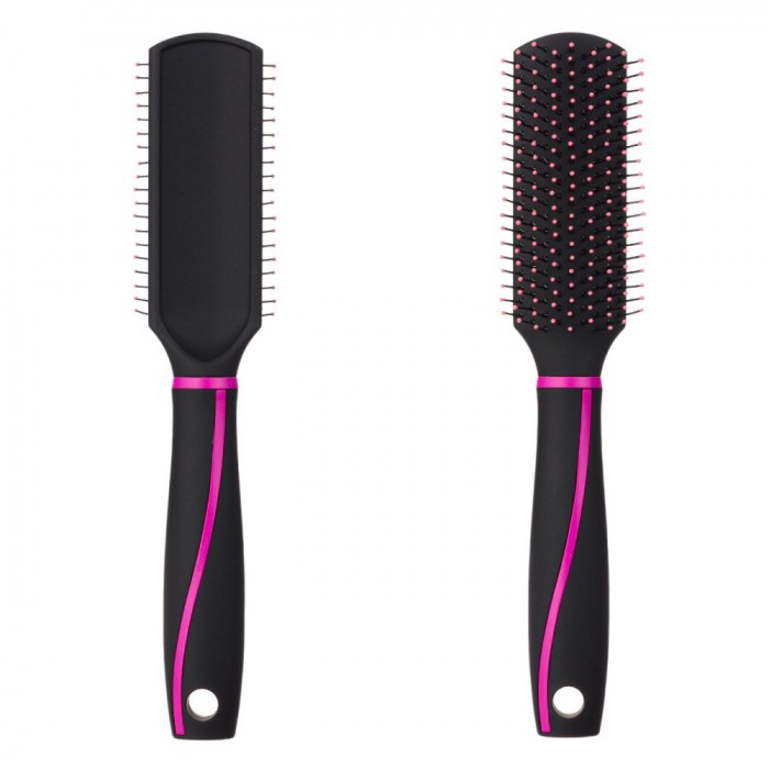Perie Păr Plastic, Model Plat, Culoare Negru Fucsia, Dimensiuni 24x3.5cm