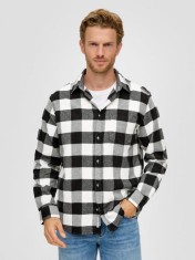 Camasa barbati din amestec de bumbac cu elastan, imprimeu in carouri si croiala Regular fit, Alb/Negru, L