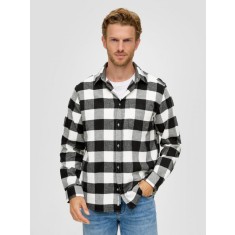 Camasa barbati din amestec de bumbac cu elastan, imprimeu in carouri si croiala Regular fit, Alb/Negru, L
