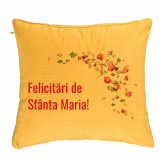 Perna Decorativa, Model Felicitari de Sfanta Maria, 40x40 cm, Galben, Husa Detasabila, Burduf