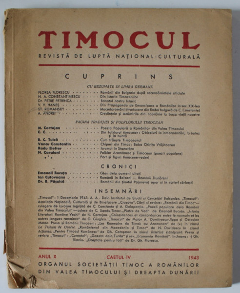 TIMOCUL , REVISTA DE LUPTA NATIONAL - CULTURALA , ANUL X, CAIETUL IV , 1943