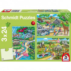 Puzzle Schmidt: O zi la grădina zoologică, set de 3 puzzle-uri x 24 piese + cadou: poster