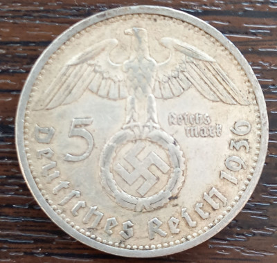 (A1027) MONEDA DIN ARGINT GERMANIA - 5 REICHSMARK 1936, LIT. A, VAR. CU SWASTIKA foto