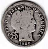 SUA One Dime=10 Cents 1908 S argint 90% aprox 2,5 grame necuratata cu patina, America de Nord