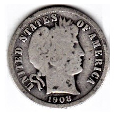 SUA One Dime=10 Cents 1908 S argint 90% aprox 2,5 grame necuratata cu patina