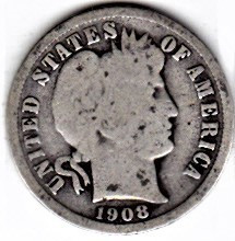 SUA One Dime=10 Cents 1908 S argint 90% aprox 2,5 grame necuratata cu patina foto