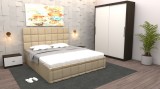 Dormitor Regal cu Pat Tapitat Bej stofa cu dulap usi glisante Wenge fara oglinda si fara comoda Tv