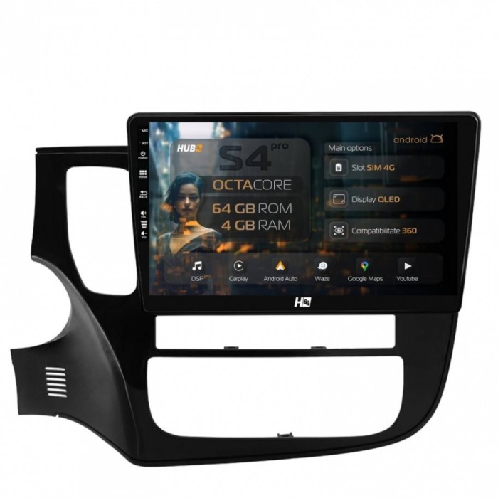 Navigatie Mitsubishi Outlander (2013-2020) 4GB RAM Android 13 Octacore Slot Sim 4G DSP GPS Wi-FI Carplay Android Auto USB Bluetooth Waze Touchscreen 1