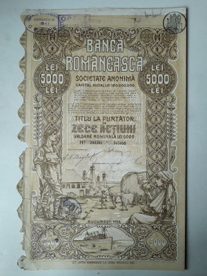 5000 Lei 1920 Banca Romaneasca actiuni vechi / Romania 265400 foto