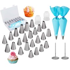 Set Patiserie/Cofetarie Koken, 35 piese, duiuri pentru ornat si decorat prajituri, torturi, Otel inoxidabil/Silicon, Argintiu/Albastru