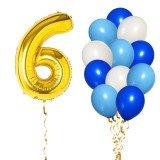Set 13 Baloane Aniversare 6 Ani Baiat Albastru Auriu - Cifra 81cm, Latex 30cm - Ropet Decor Petrecere Copii