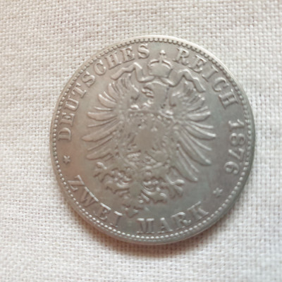 Moneda 2 mark (marci) 1876 argint Imperiul German (Bavaria) Ludovic II foto