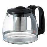 Ceainic cu Filtru, 1250ml, Sticlă Transparentă, Filtru Inoxidabil, Capac Plastic, Negru, Oem