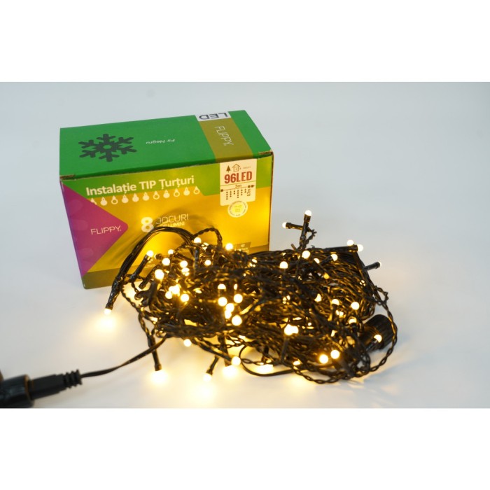Instalatie de Craciun Flippy&reg; Tip Turturi, 8 jocuri de lumini Sectiune 3 m, 96 LED-uri, Interconectabila, Fir Negru, Alb Cald