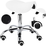 Taburet cosmetic pentru coafor Calissimo alb tip șa mobil SPA.