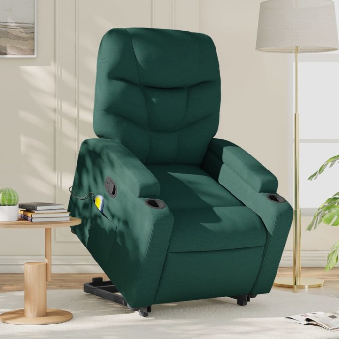 vidaXL Fotoliu rabatabil de masaj, cu ridicare, verde &icirc;nchis, textil