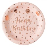 Set Farfurii Carton, Model Happy Birthday, Baloane Roz Auriu, 23cm, 6 Bucăți, Oem