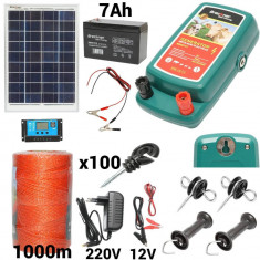 Kit pachet gard electric 2 Joule 12 220V panou solar baterie 7ah 1000m (BK92717-1000-03-7ah)