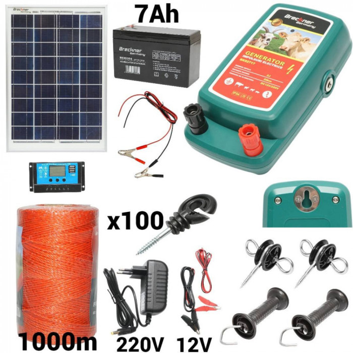 Kit pachet gard electric 2 Joule 12 220V panou solar baterie 7ah 1000m (BK92717-1000-03-7ah)