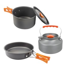 Set oale pentru camping BRIUS&trade;, 1.2l/800 ml, din aluminiu, 2 oale, 1 ceainic, cu manere pliabile, usor de transportat, ideale pentru iesirile in aer l