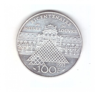 Moneda 100 francs / franci 1993, aniversara 200 de ani Muzeul Louvre, stare buna foto