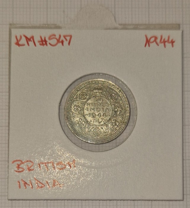 British India KM#547, argint, 1944, 1/4 Rupii