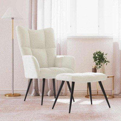 vidaXL Scaun de relaxare cu taburet, alb crem, catifea foto