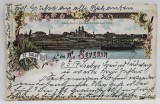 TE SALUT DIN TURNU SEVERIN , VEDEREA BISERICII SI SPITALULUI GRECESC DE PE DUNARE , CROMOLITOGRAFIE , CARTE POSTALA , CLASICA