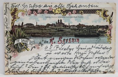 TE SALUT DIN TURNU SEVERIN , VEDEREA BISERICII SI SPITALULUI GRECESC DE PE DUNARE , CROMOLITOGRAFIE , CARTE POSTALA , CLASICA foto
