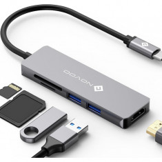 Adaptor Hub USB C NOVOO 5 in 1 4K, 2 porturi USB 3.0, memorie SD Cititor de carduri Micro SD - RESIGILAT