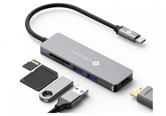 Adaptor Hub USB C NOVOO 5 in 1 4K, 2 porturi USB 3.0, memorie SD Cititor de carduri Micro SD - RESIGILAT