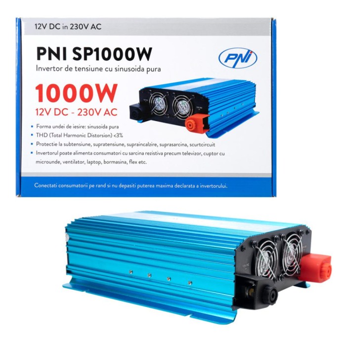 Invertor auto de tensiune PNI SP1000W cu sinusoida pura alimentare 12V true sine 230V
