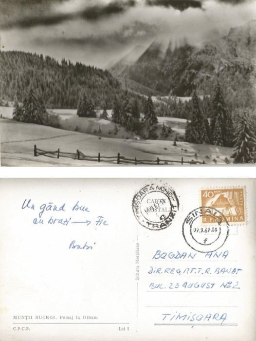 *Romania, Muntii Bucegi, Peisaj la Diham, carte postala ilustrata, circulata intern, 1967