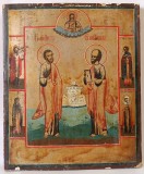 Icoana antica Sf-tii Petru si Pavel, sec.19, Regiunea Palekh, 26,5x22,2x2,2cm