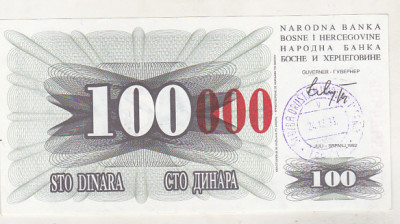 bnk bn Bosnia 100000 dinari 24-12-1993 unc foto