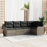 Set 5 piese canapea gradina cu pernite gri poliratan, canapea gradina 2 locuri cu pernite gri poliratan