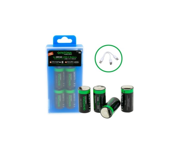 Patona Premium USB-C 4x CR123A baterii/acumulatori 2400mWh 3.0V rechargeable with 1 to 2 USB-C charging cable