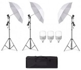 Cumpara ieftin Kit de 3 umbrele albe, 3 trepiezi reglabili 200 cm, 3 becuri LED 25W, geanta de transport inclusa