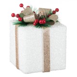 Ornament Decorativ Crăciun, Model Cadou, Panglică Bej șampanie cu Sclipici, Alb, 13x13x15cm, Spumă, Oem