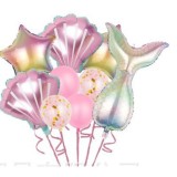Set baloane aniversare pentru fetita, set din 9 baloane, flippy, tematica sirene, 5 baloane folie, 4 baloane latex, roz metalizat