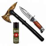 Cumpara ieftin Set topor SurvivormBriceag Automat din Oțel 440C si Spray Autoapărare NATO 39 cm/60 ml/37 cm, husa inclusa