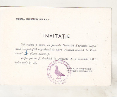 bnk div Uniunea columbofila din RSR - Invitatie - Bucuresti 1972 foto