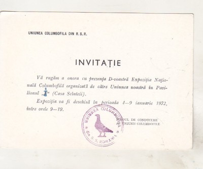 bnk div Uniunea columbofila din RSR - Invitatie - Bucuresti 1972 foto