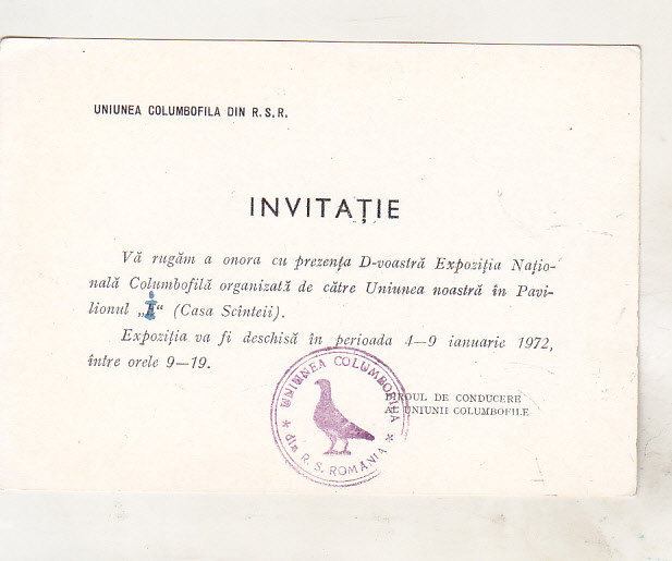 bnk div Uniunea columbofila din RSR - Invitatie - Bucuresti 1972