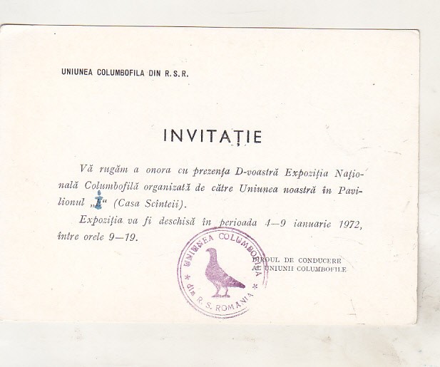 bnk div Uniunea columbofila din RSR - Invitatie - Bucuresti 1972
